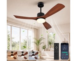 MUPOO Houtlook Plafondventilator met Verlichting 132cm - Stil & Dimbaar - Zomer en Winterstand-Smart App & Afstandsbediening -6 Snelheden & Geheugen- Timer- ventilator lamp Voor Slaapkamer / Woonkamer