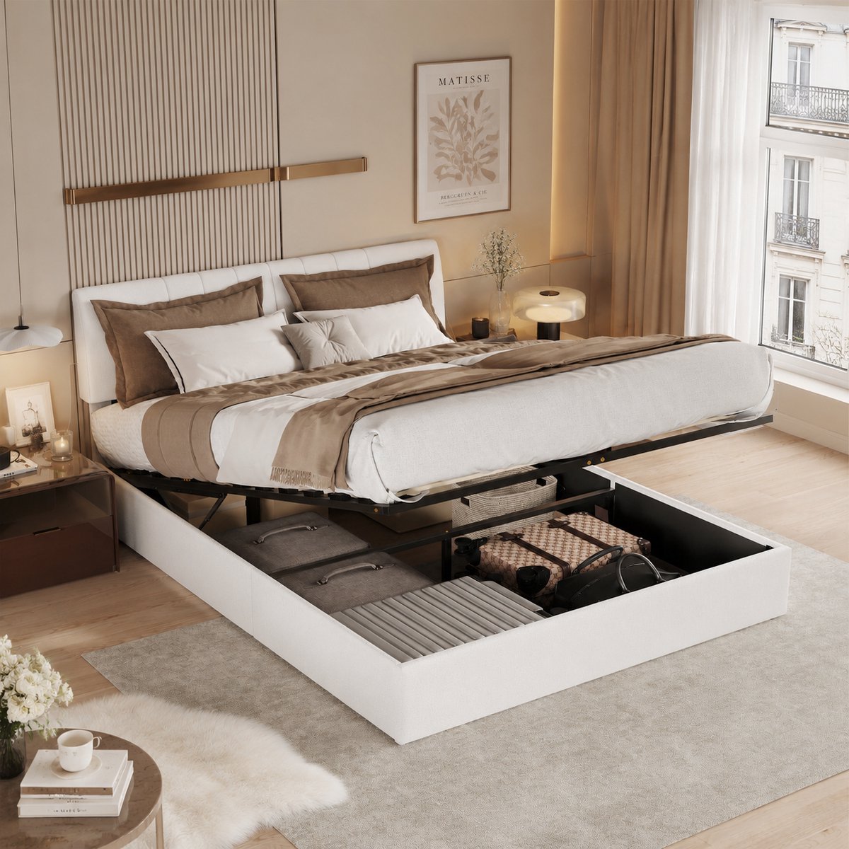 MEXUS Opbergbed 140x190 cm met lattenbodem, tweepersoonsbed met hydraulisch opbergvak en stekkerdoos, in hoogte verstelbaar gestoffeerd hoofdeinde, bedframe voor volwassenen en tieners, teddyfluweel Wit