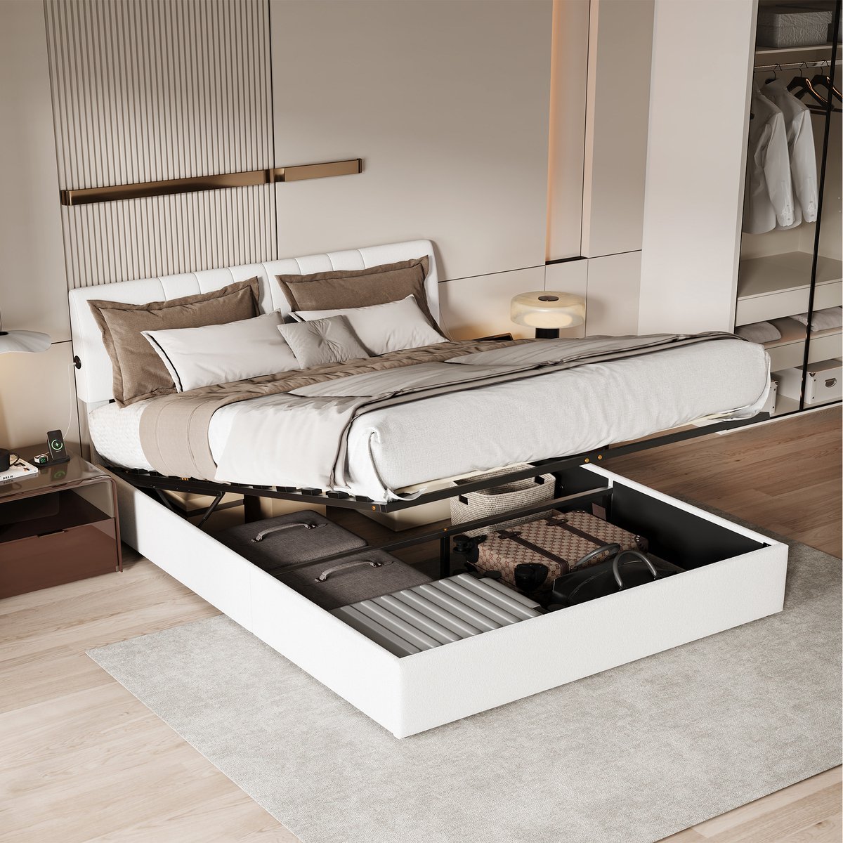 MEXUS Opbergbed 140x200 cm met lattenbodem, Tweepersoonsbed met hydraulisch opbergvak en stekkerdoos, in hoogte verstelbaar gestoffeerd hoofdeinde, bedframe voor volwassenen en tieners, Teddyfluweel Wit