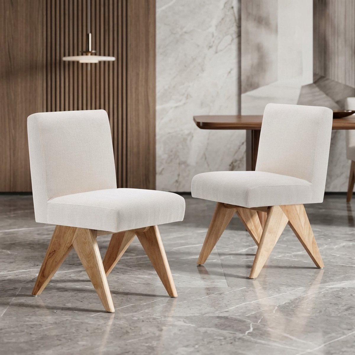 Vintage Eetkamerstoelen Set van 2 – Chenille Beklede Design Stoelen met Houten V-poten – Ergonomische Armloze Keukenstoelen & Accentstoelen voor Eetkamer, Woonkamer & Kantoor – Beige – novihomestore