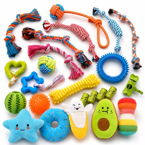 Grote verzameling honden speeltjes: touwen, ballen, knuffels, botten, dispensers.