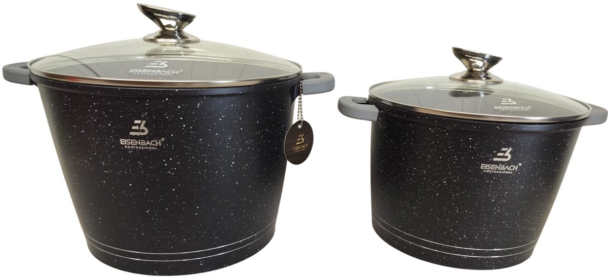 Eisenbach soeppannenset soeppan kookpan 24 cm en 28 cm 10 + 8 liter PFAS,PFOA & PTFE Vrij - Pan Voor Alle Warmtebronnen - Antiaanbaklaag - Zwart