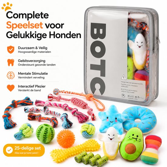 Complete 25-delige honden speelset in verpakking, met diverse speeltjes.