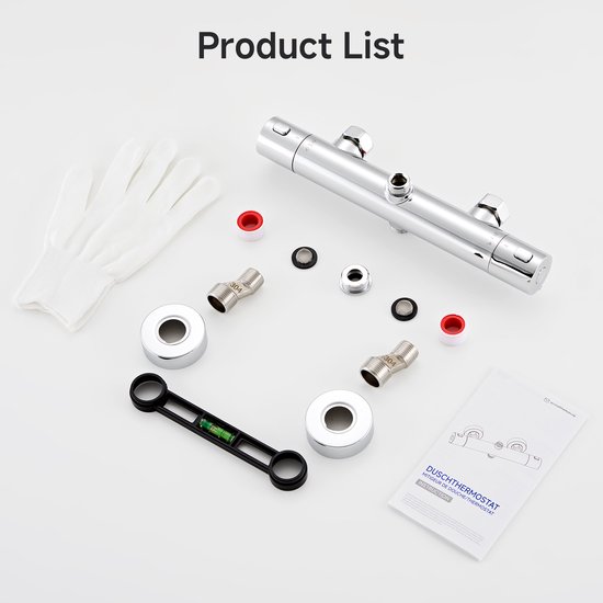 Productonderdelen van een thermostaatkraan: kraan, handschoenen, adapters, dopjes en een waterpas, op een witte achtergrond.