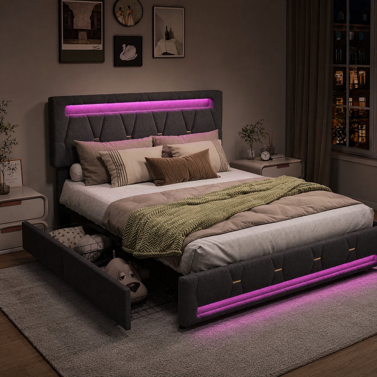 Opbergbed 140x200 cm grijs linnen met 4 lades, LED-verlichting, USB-oplaadpoort en opbergr