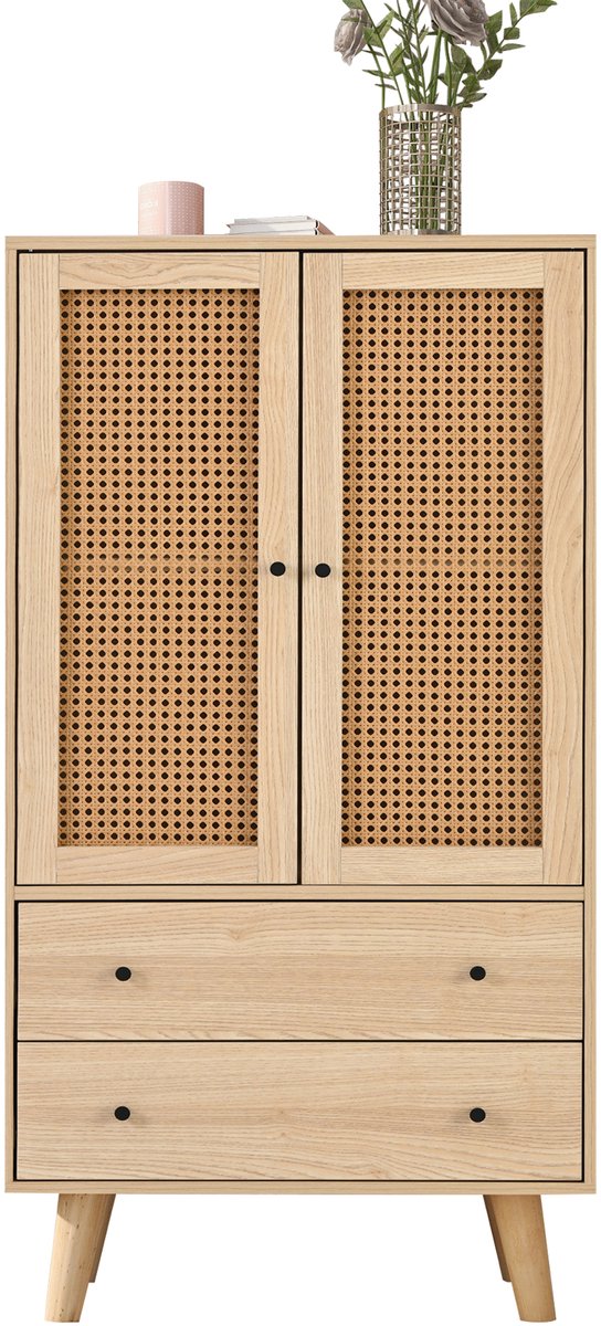 Dressoir - Kast Modern Houten met Rotan Deuren 60x40x120 cm - Eiken