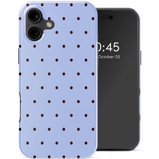 Coque de téléphone bleu ciel à pois marron à côté d'un téléphone.