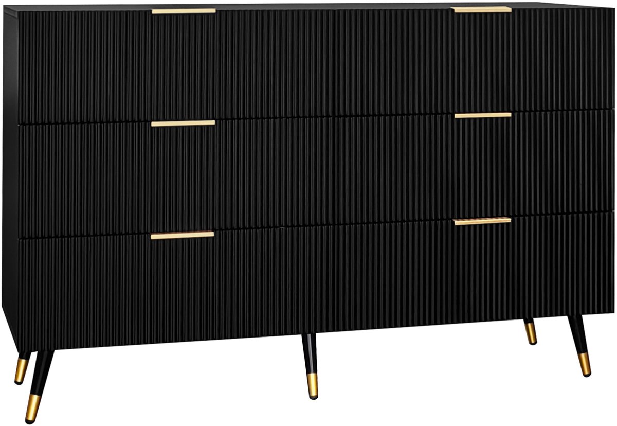 Ladekast – Dressoir Spaanplaat met 6 Geribbelde Laden en Goud - Zwart