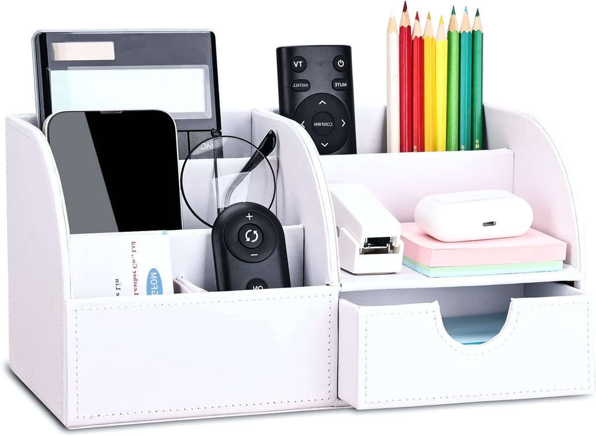 Elegante Desk Organizer van PU Leer met 6 Compartimenten en Lade voor Kantoorbenodigdheden in Wit