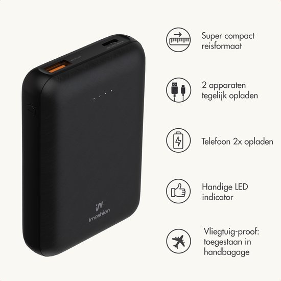 imoshion® Ultra Compacte Powerbank 10.000 mAh - 22.5W Snellader - USB C / USB A - LED Display - Mini Powerbanks - Universeel