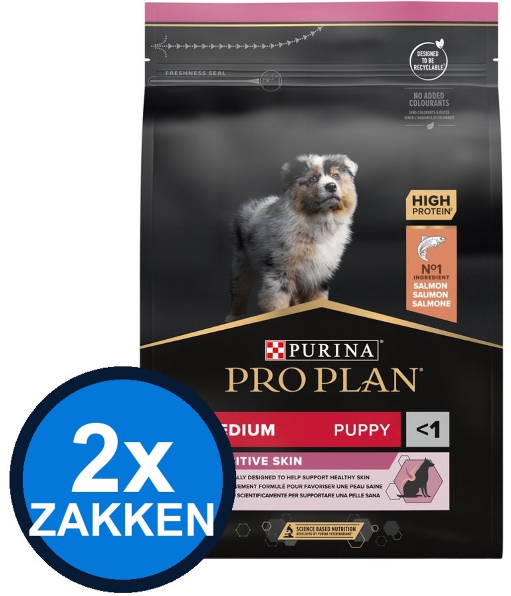 2x Pro Plan - Puppy Medium Sensitive Skin Zalm - Hondenvoer Droogvoer - 3 kg
