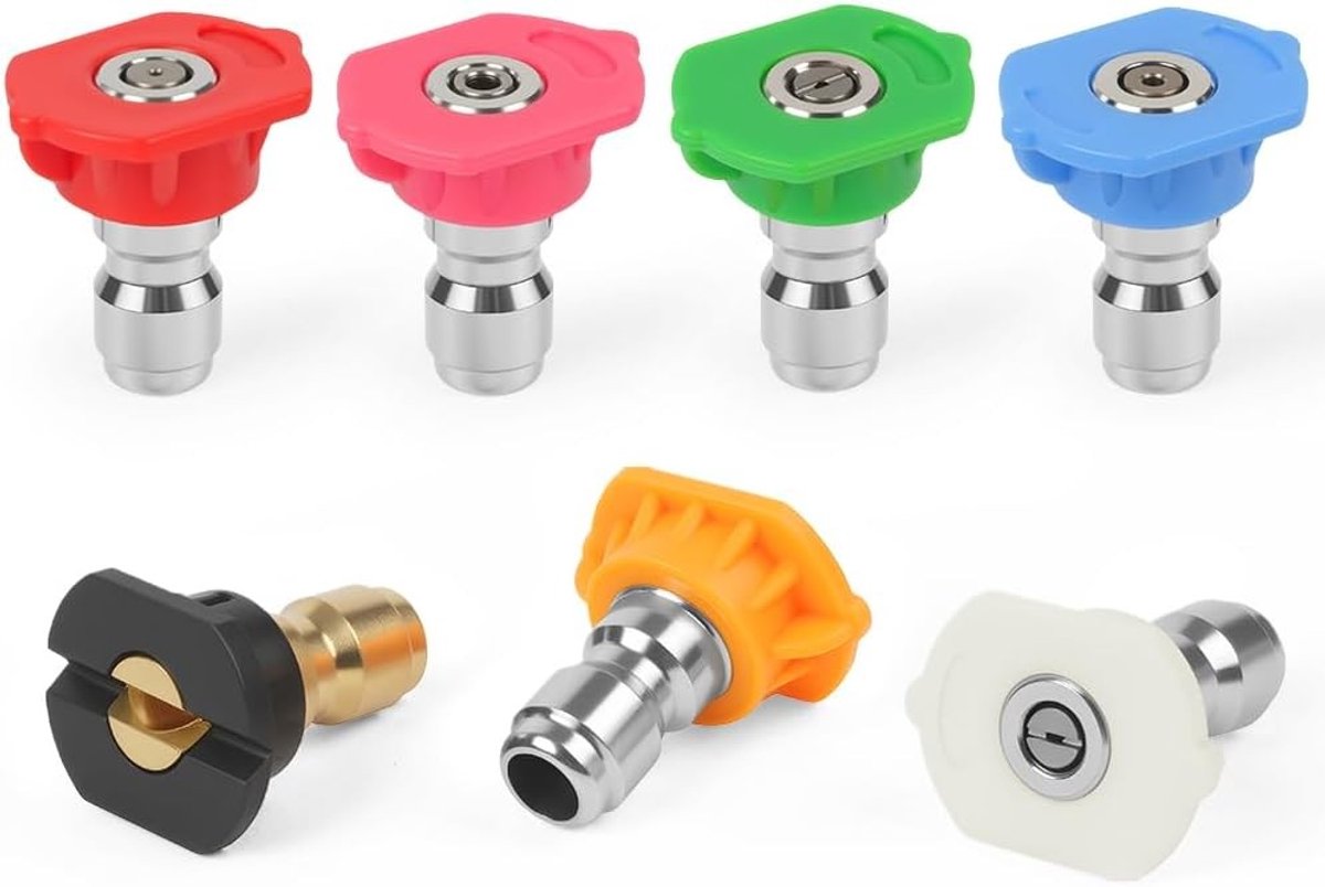 Set van 7 Hogedrukspuitmondstukken, Messing/RVS, 4350 PSI, Voor Irrigatie en Tuinonderhoud, 1/4 Inch Snelle Aansluiting, Rotary Turbo Spuitkop
