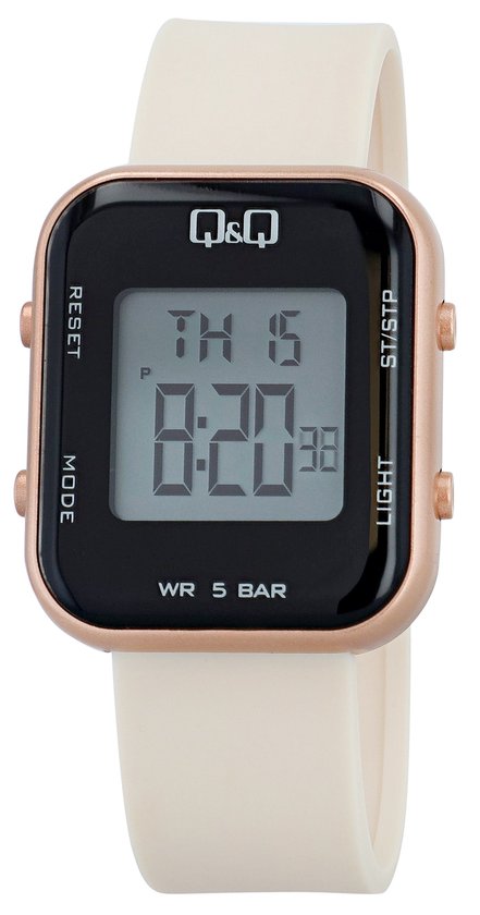 Roze digitale Q&Q horloge met witte band. Toont "TH 5 8:20".