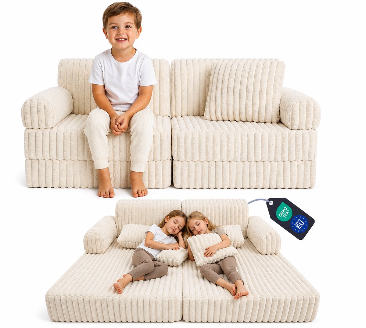 Modulaire Kinderbank Beige Ribstof – Uitklapbare Speelbank van Schuim voor Kinderen, Kinder Slaapbank en Matras voor Kinderkamer en Speelkamer