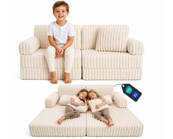 Modulaire Kinderbank Beige Ribstof – Uitklapbare Speelbank van Schuim voor Kinderen, Kinder Slaapbank en Matras voor Kinderkamer en Speelkamer