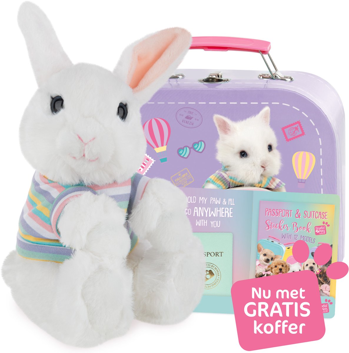 Studio Pets BunBun knuffel 16 cm set met GRATIS koffertje – konijn knuffel met top, paspoort, stickerboek en roze kartonnen koffertje