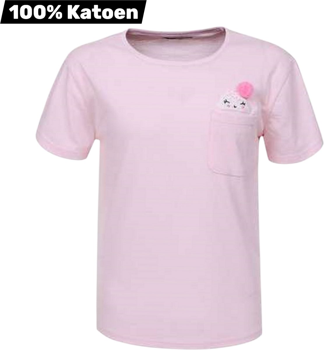 T-shirt 100% katoen gezichtje met bolletje roze 152