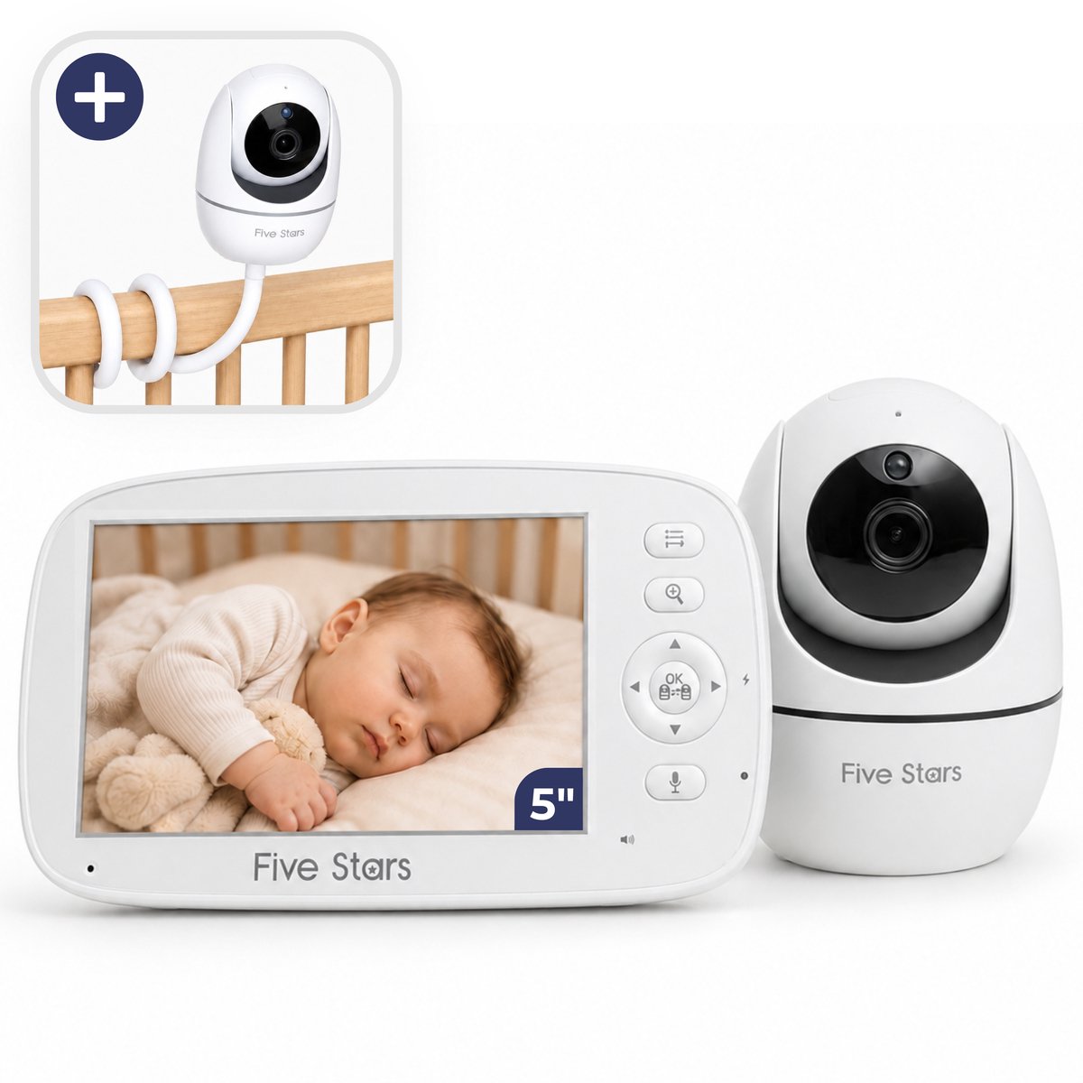 Five Stars® Dream One - Babyfoon met Camera - 5 inch Display - Baby Monitor - Inclusief Flexhouder - Wit