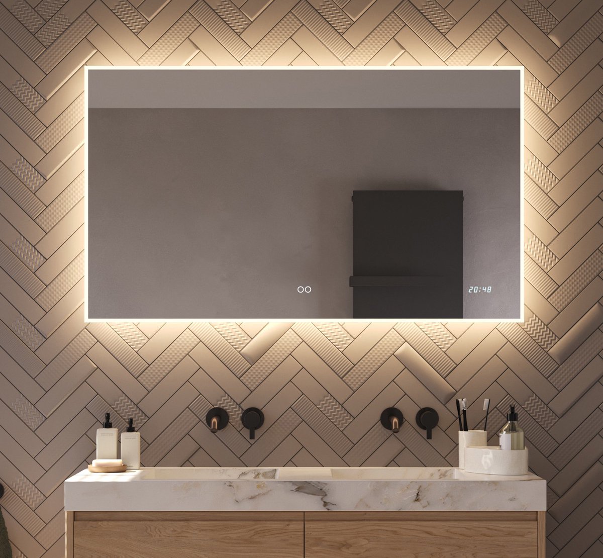 Schaere - Badkamerspiegel - LED Verlichting - Spiegel Verwarming - Klok - Sensor - Dimfunctie - 120x70 cm