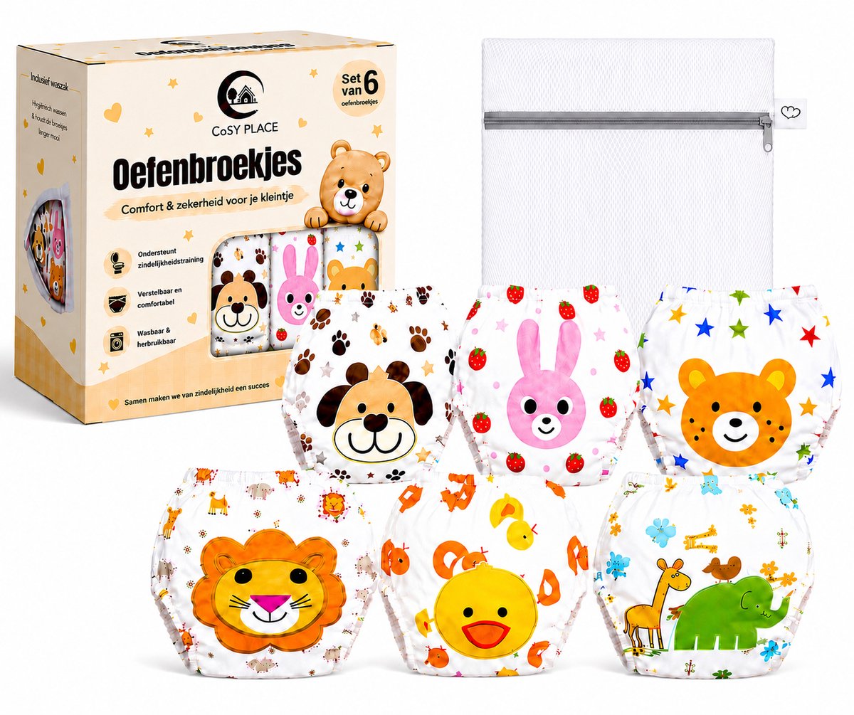 Cosy Place® Oefenbroekjes Zindelijkheid - Wasbare Trainingsbroekjes - Verstelbare Pasvorm - Inclusief Waszak - 6 Stuks - Oeko-Tex® Gecertificeerd - 11-18 KG - 2-5 Jaar
