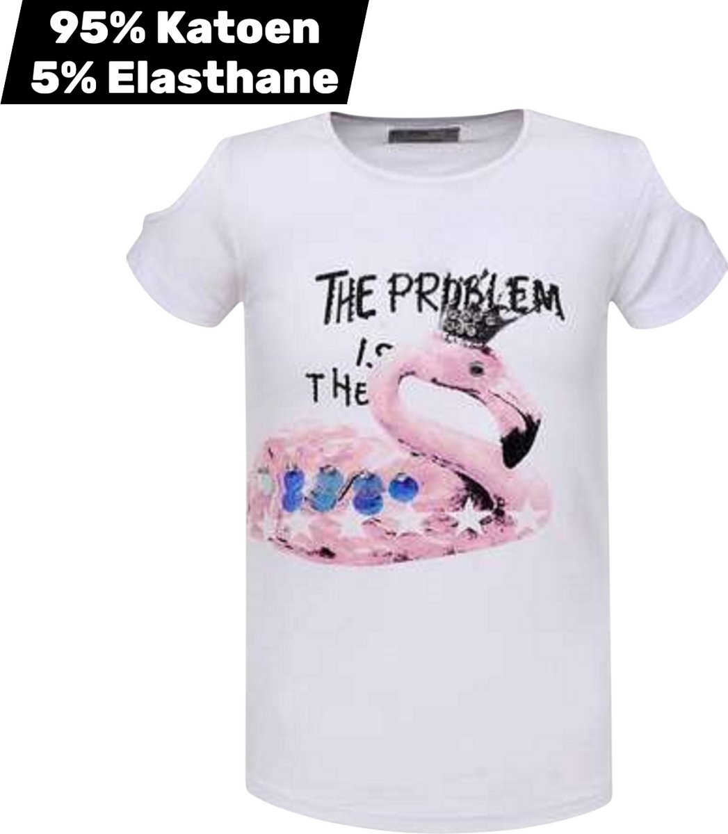 T-shirt flamingo open schouders wit 164