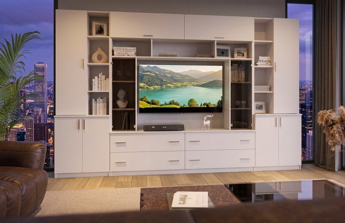 Modena Moderne Kastwand 340x220x45 cm – Luxe RTV Kast Uitbreidbaar met Bovenkasten, Planken & Laden – Woonkamerkasten Wit Design – NoviHomeStore