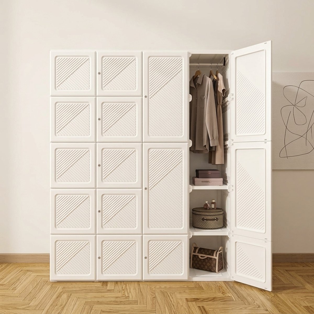 Opvouwbare Kledingkast 104 x 170 x 50 cm met Kledingstang, Magnetische Deuren & 5 Opbergvakken – Multifunctionele Garderobekast voor Slaapkamer, Hal en Woonkamer – Wit | Novihomestore