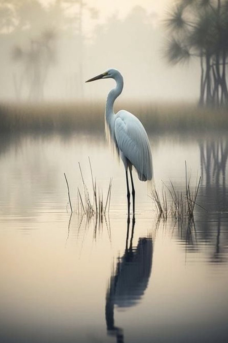 Silent Reflection – The White Heron | Luxe Wanddecoratie op Dibond | Reiger Schilderij | Hotel Chique Wandkunst