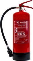 Mexxo brandblusser met zwarte slang en rode hendel. De rode cilinder heeft een label met instructies en brandklasse symbolen A, B en F.