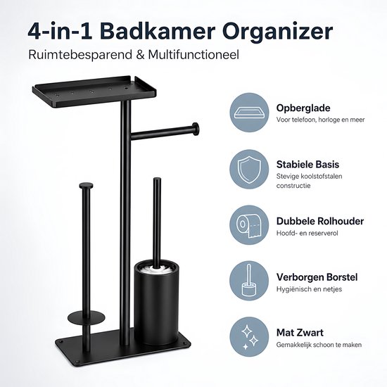 Zwarte 4-in-1 badkamer organizer met legplank, dubbele toiletrolhouder, toiletborstelhouder en reservoirhouder.