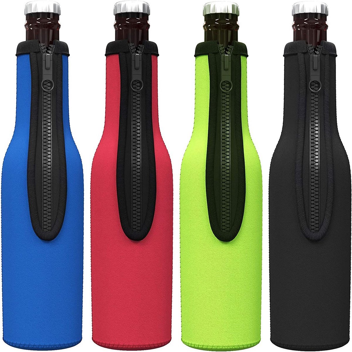 Flessenkoeler - 4 stuks - Voor bier en andere koude drankjes - Universele Maat - 20x6 cm - Koeler met rits - Geschikt voor school, kantoor, thuis, op reis - Blauw, rood, groen, zwart