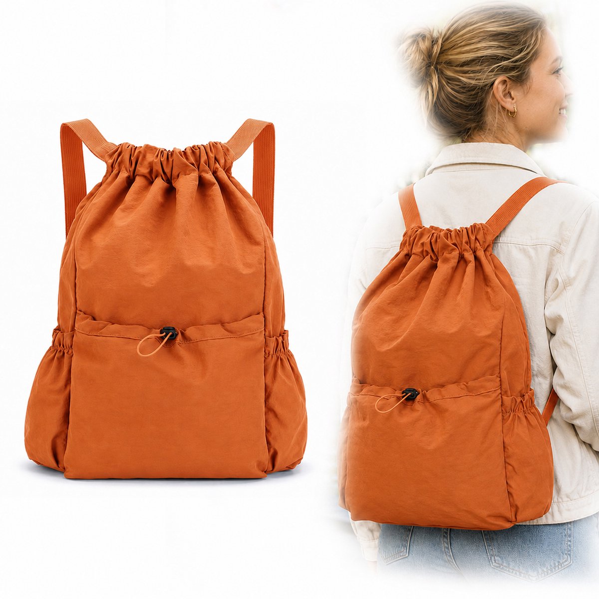 Ulisem - Gymtas met Trekkoord – Opvouwbare Rugzak 20L – Lichtgewicht Cinch Bag – Waterafstotende Sporttas – Dagrugzak voor Reizen, Winkelen, Fitness & Outdoor – Oranje