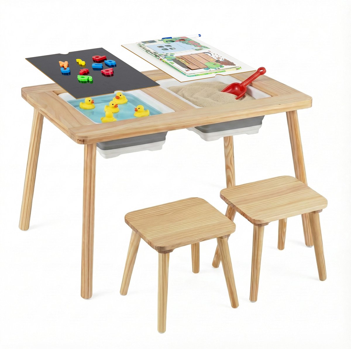 COSTWAY 6-in-1 kinderspeeltafel, sensorische tafel met dubbelzijdig tafelblad en 2 opvouwbare bakken, kindertafel Montessori met 2 stoelen, water- en zandtafel voor kinderen vanaf 3 jaar (vierkant)