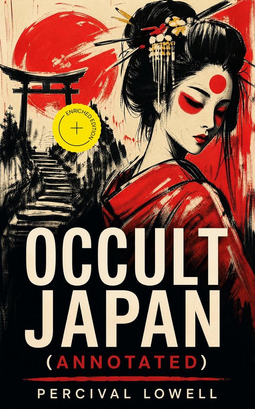 Boekomslag: Een vrouw met rode make-up en een rode stip op haar voorhoofd, in Japanse kledij, met Japanse tempel en rode cirkel op achtergrond.