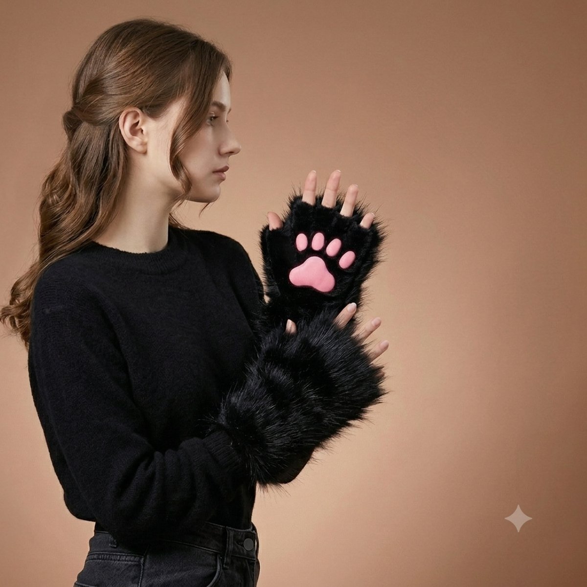 Ryoudavell - zwart pluche functionele handschoenen met kattenpoot patroon - siliconenmateriaal - rollenspel pluche hand handschoenen met dierenpoot ontwerp（nagels）