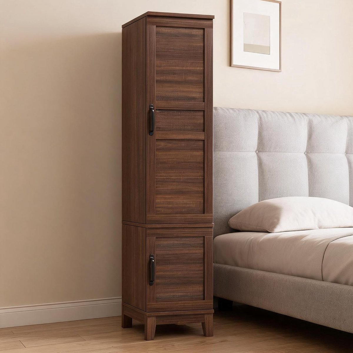 Vrijstaande rustieke houten kledingkast – 2 deuren – 72" hoge opbergkast voor de slaapkamer – kledingstang – 18 verstelbare planken – smalle indeling voor kleding – bruin