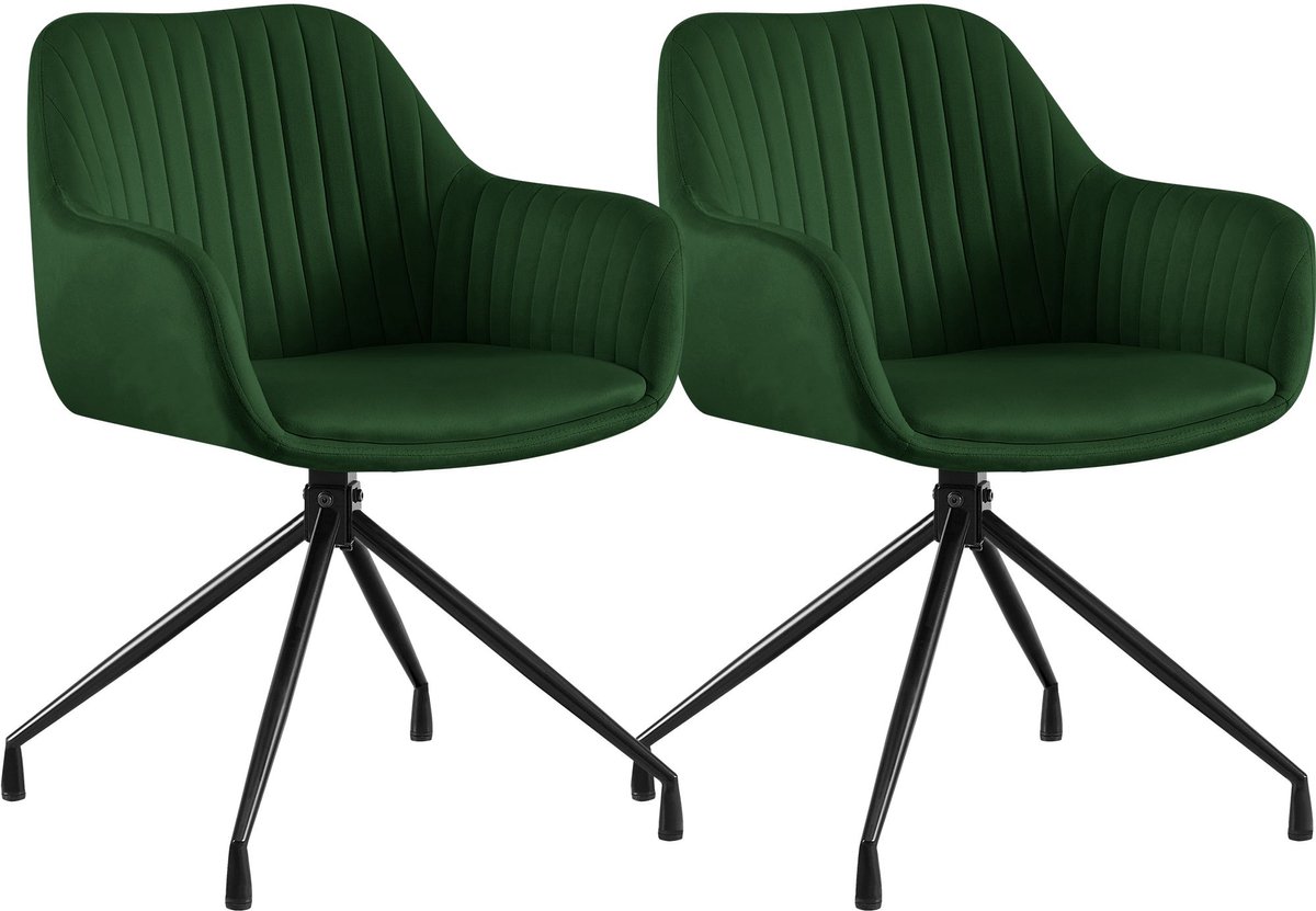 CLP Novanis Eetkamerstoelen Set van 2 - Draaibaar 180° met Terugkeerfunctie - Armleuningen - Metalen Frame Fluweel/groen