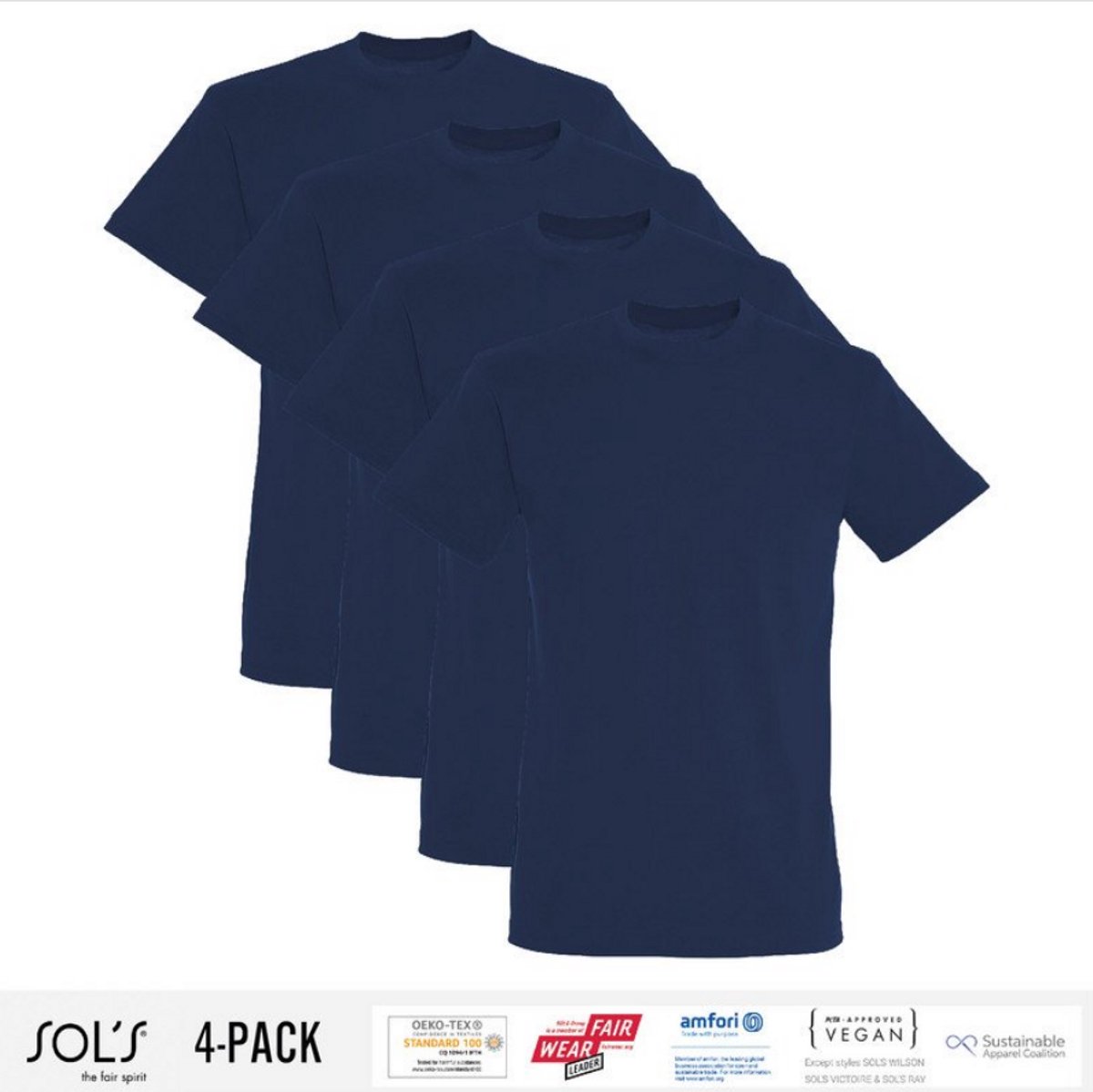 4 Pack Sol's Heren T-Shirt 100% biologisch katoen Ronde hals Navy Blue Maat M