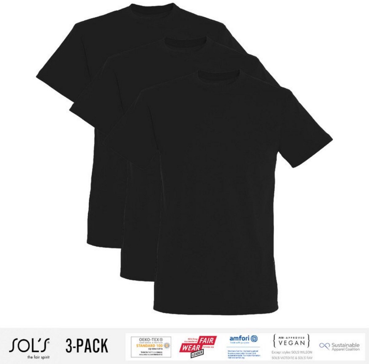 3 Pack Sol's Heren T-Shirt 100% biologisch katoen Ronde hals Zwart Maat L