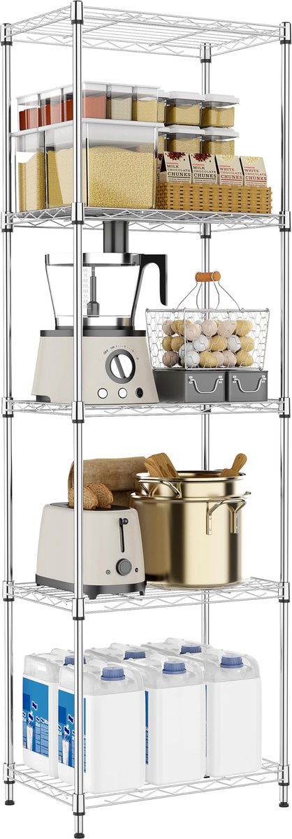 Metalen Opbergrek - 5-Laags Stellingkast - Vrijstaand Opbergrek - Draagvermogen 225 kg - 30 x 45 x 139,6 cm - Voor Keuken, Voorraadkast, Wasruimte, Garage en Berging - Chroom