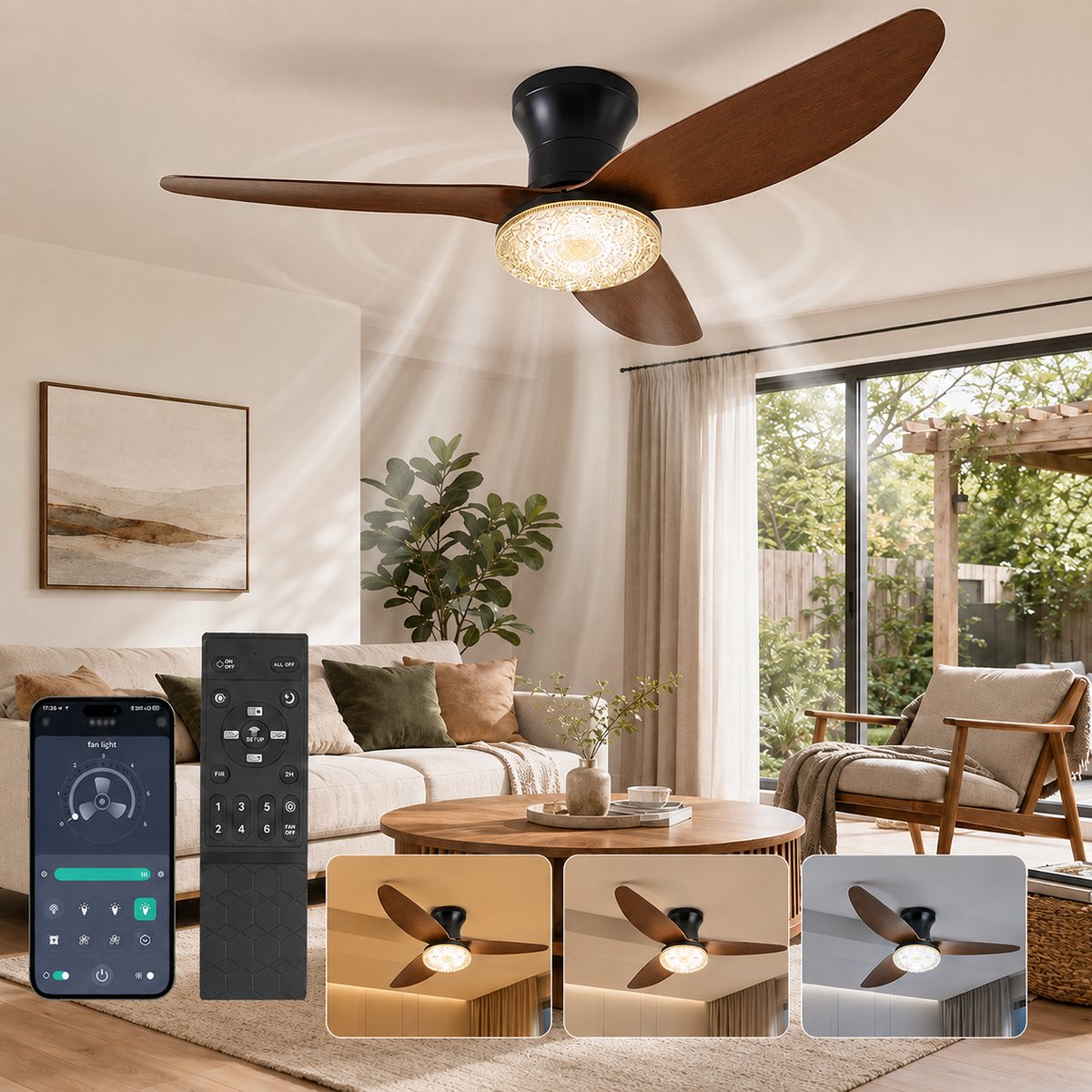 Lapamax Landelijke Houtlook Plafondventilator met Lamp Ø100 cm–Smart Plafondlamp met Ventilator met App en Afstandsbediening-Afstandsbediening-3 Kleurtemperaturen-6 Snelheden en Geheugenfunctie–Voor Woonkamer, Slaapkamer en Kantoor-Kristallen Lamp