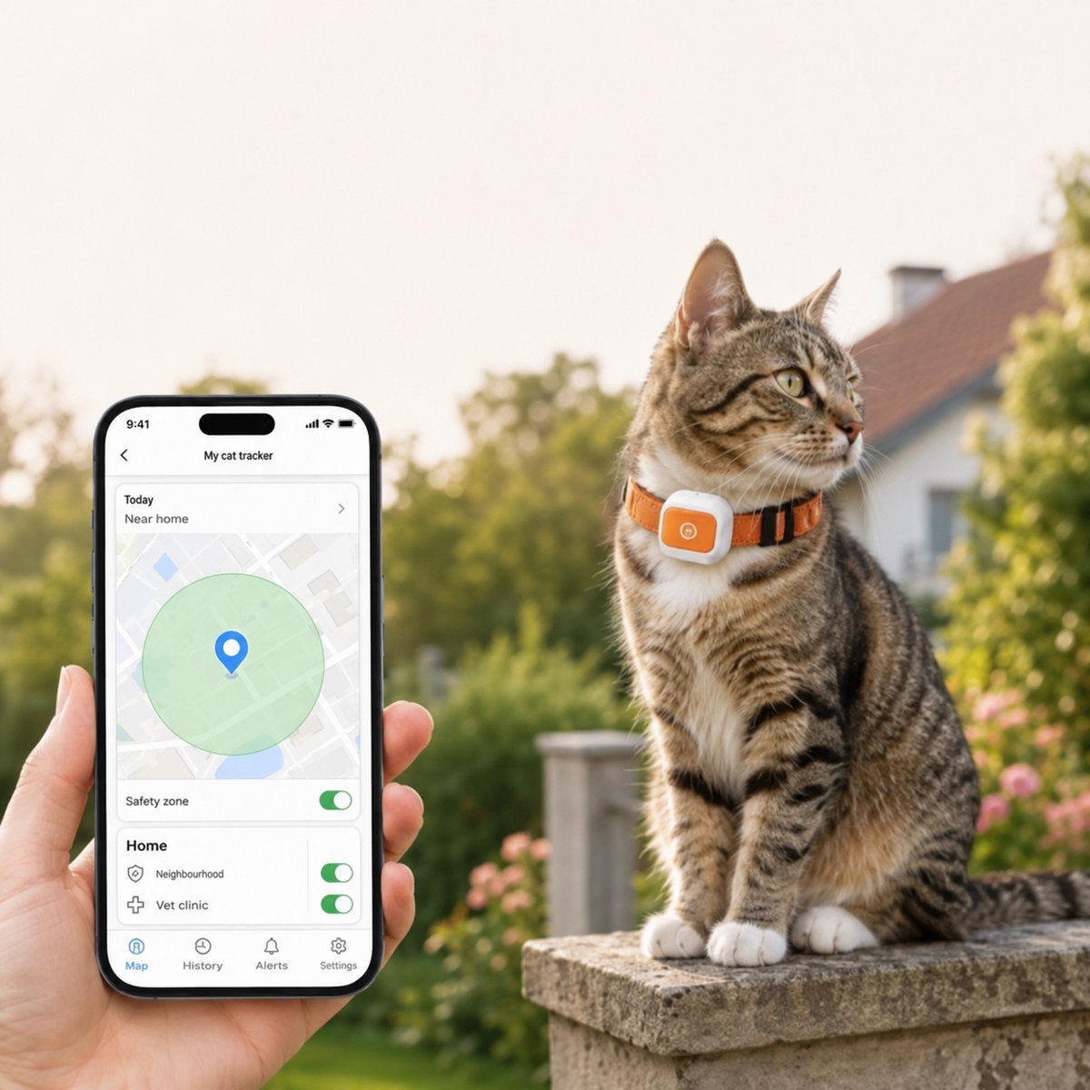 GPS Tracker Kat - Geen Abonnementskosten - Met Spraakfunctie en Virtuele Omheining - IP66 Waterdicht - Lange Batterijduur - App-bediening - Geschikt voor Buiten en Tuin - 25-32 cm - Historische Route – Oranje