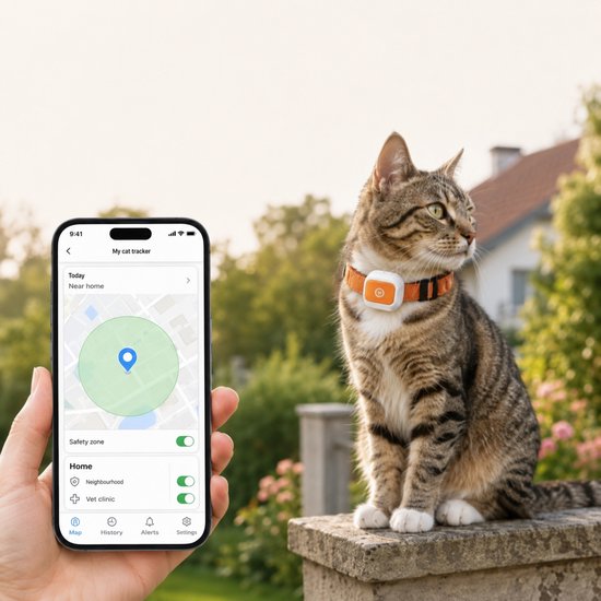 Chat tigré avec un traceur GPS orange autour du cou, à côté d'un smartphone affichant l'application 'My cat tracker' avec une carte.
