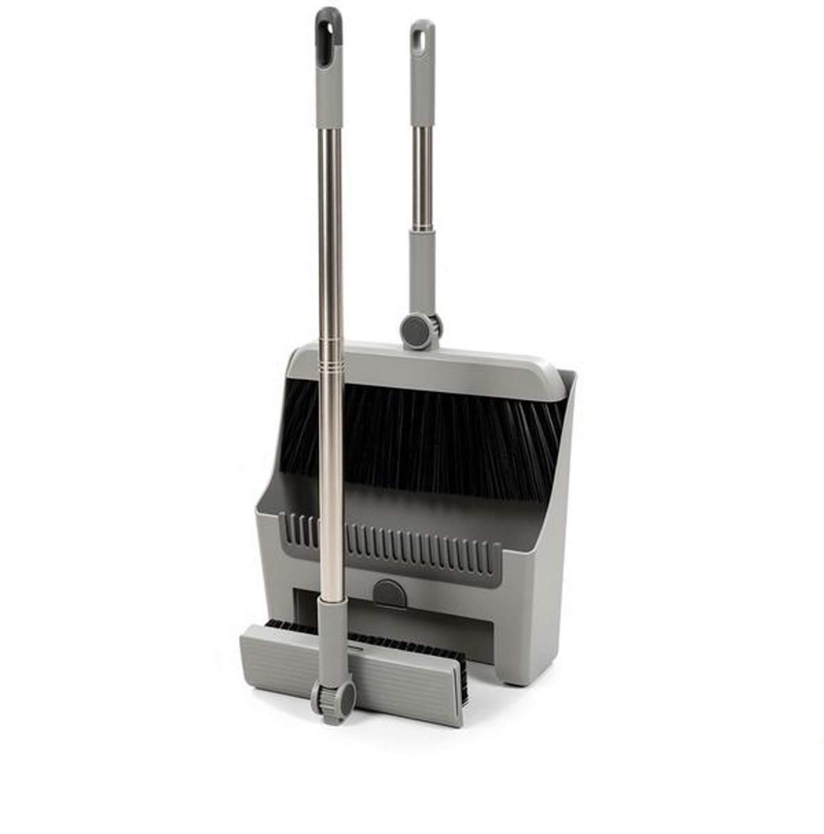 3-in-1 opvouwbare bezem en blik set met lange steel, 180° draaibare kop, kamtanden en vuilniszakken-Grijs.
