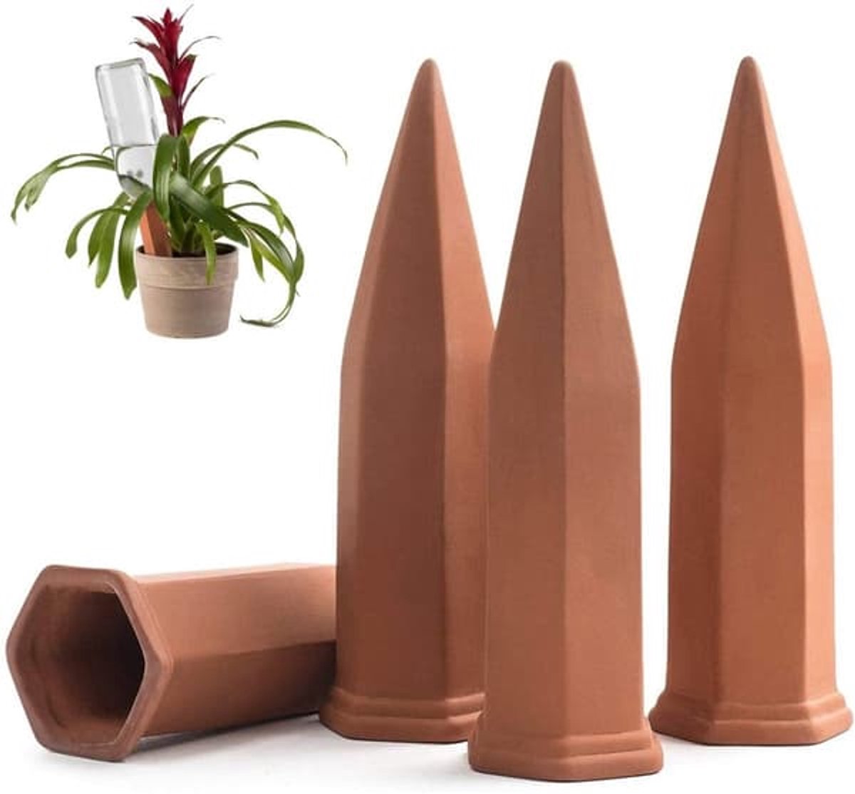 Zelfwaterende plantenstaafjes voor binnen- en buitenplanten - terracotta plantenstaafjes gemaakt van gerecyclede wijnflessen, te gebruiken voor het bewateren van planten.