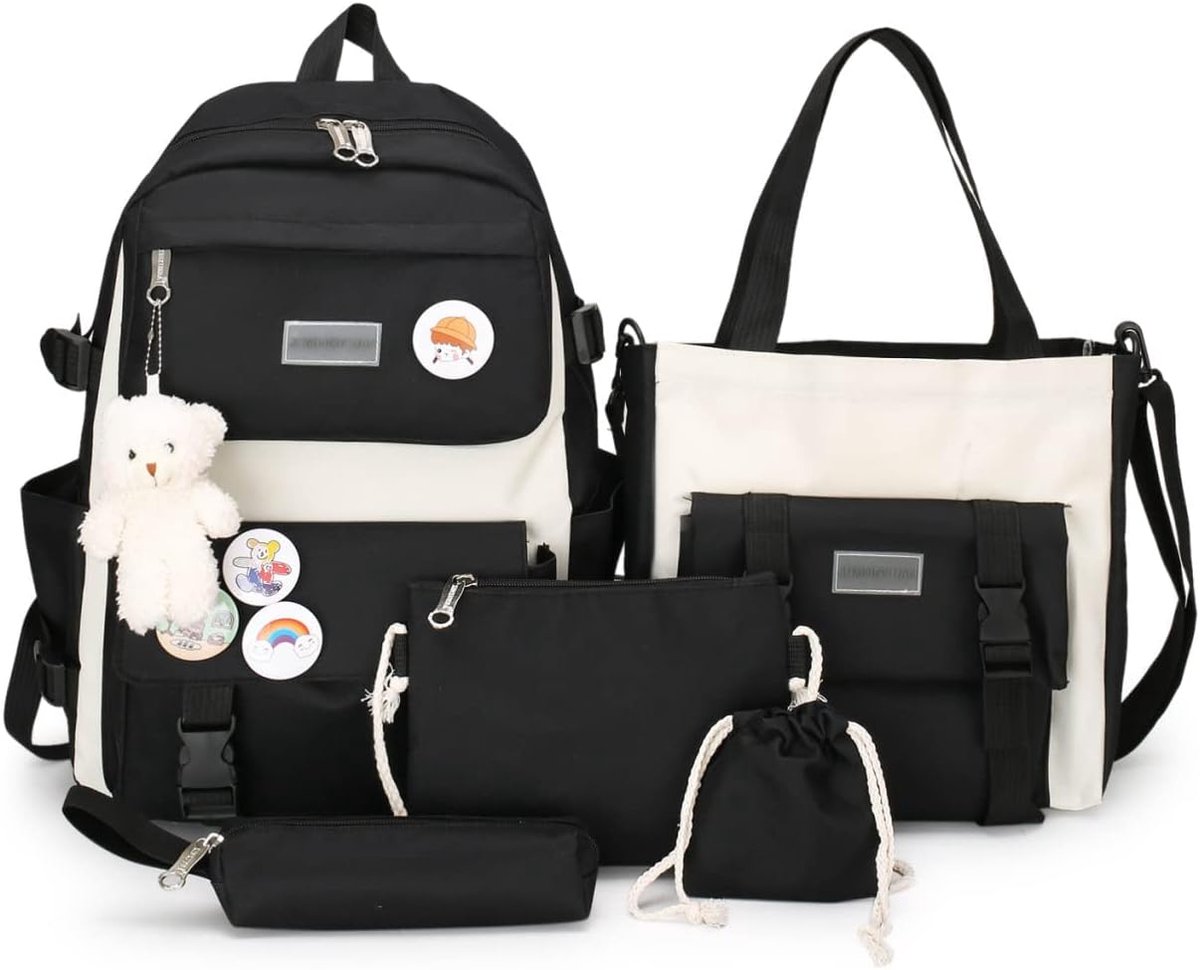 Deze stijlvolle 5-delige rugzakset is geschikt voor studenten, tieners en meisjes. De set bestaat uit een schattige, modieuze en ruime schoudertas in preppy stijl (zwart).