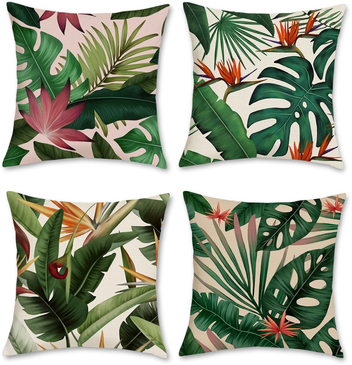 Sierkussenhoezen 45x45 cm - Set van 4 - Tropische Bladeren - Polyester Linnen - Decoratieve Kussenhoezen - Voor Bank, Tuin, Terras en Woonkamer