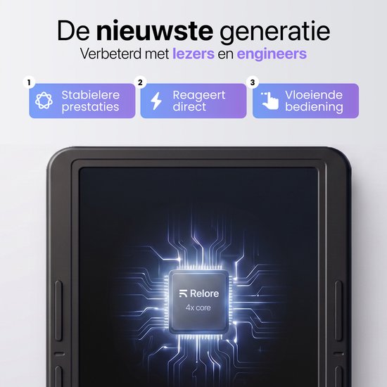 Scherm van zwarte e-reader toont circuitbord 'Relore 4x core'. Kenmerken: stabiel, direct, vloeiend.