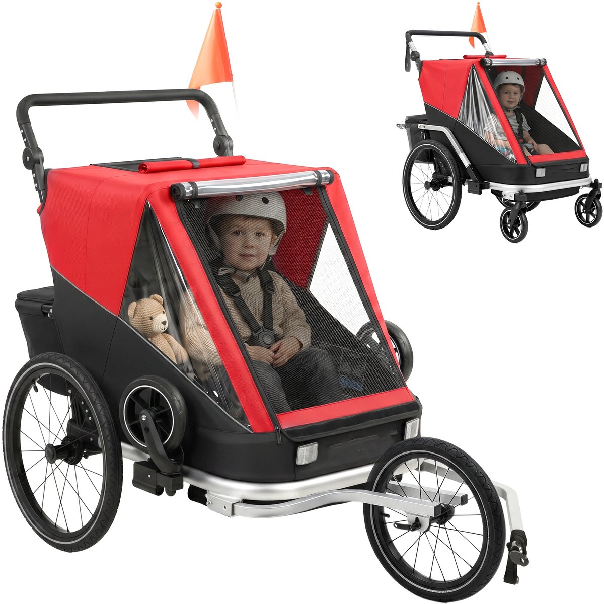 ECTEATOY® Kinderfietskar - 2-in-1 Fietskar voor Kinderen & Wandelwagen - 2 Zitjes - Opvouwbaar - Verstelbare Zitting - Rood