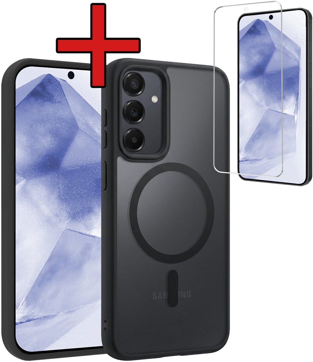 Hoesje - Met Screenprotector - Geschikt voor Samsung Galaxy A55 - Magsafe Compatible - Sterk & Shockproof - Shock Proof Case - Back Cover - Telefoon Hoes - Telefoonhoes - Zwart